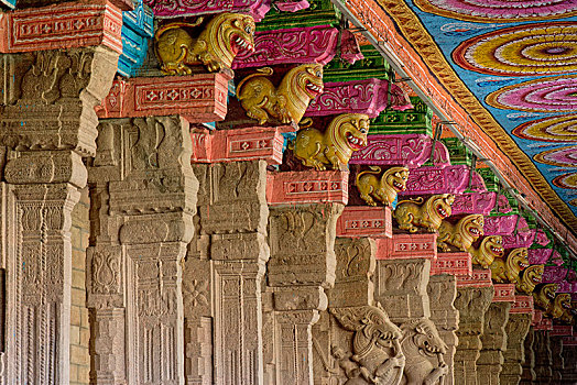 大厅,明亮,涂绘,柱子,神话,生物,安曼,庙宇,马杜赖,泰米尔纳德邦,印度,亚洲