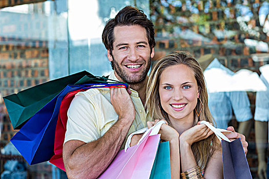微笑,情侣,拿着,购物袋,头像,购物中心