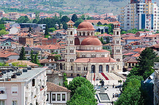 东正教,大教堂,风景,红色,塔,市中心,阿尔巴尼亚,欧洲