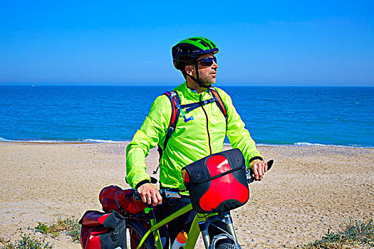 骑自行车,游客,骑车,地中海,海滩,挂包