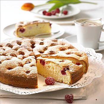 树莓蛋糕,糖粉,块,切削
