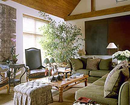 传统,起居室,枕头,背影,沙发,竹子,茶几,天花板,木梁,盆栽,树,窗户