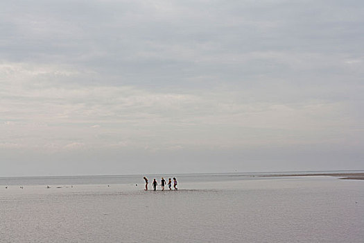 五个,孩子,海滩,走,线条,回忆的,天空,分享,诡异,单色调,品质,投手,诺福克,英国