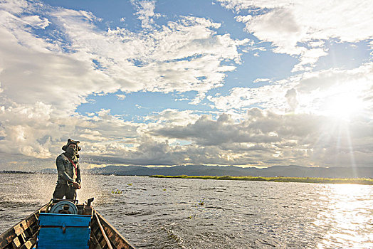 茵莱湖,船,驾驶员,掸邦,缅甸