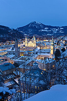 老城,萨尔茨堡,晚上,奥地利,俯视图