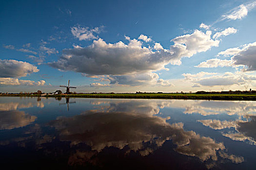 圩田,风景,风车,阴天,反射,水,荷兰南部,荷兰