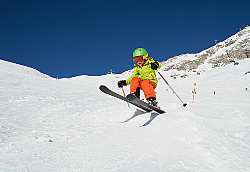 男孩,滑雪,山,仰视