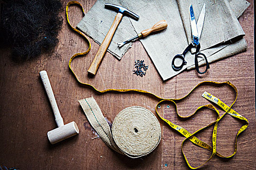 家居装潢,工作间,俯视,手工工具,锤子,带子,卷尺,剪刀