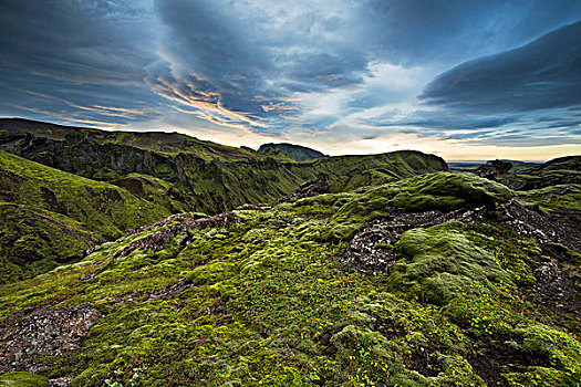 冰岛,苔原,云,蓝色,绿色,山,隔绝,日出,亮光,苔藓,石头