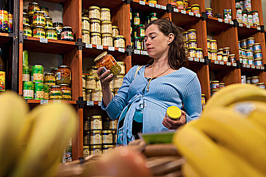 孕妇,思考,罐,蔬菜,超市