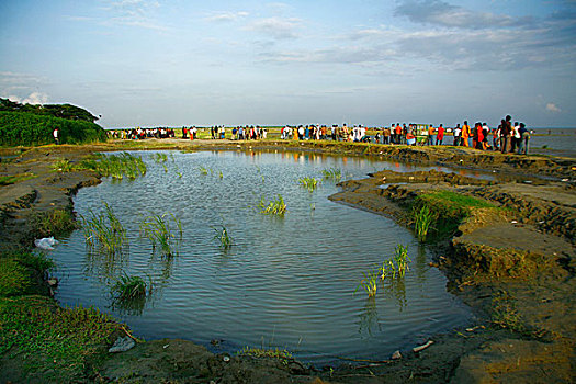 人,休闲娱乐,堤岸,河,孟加拉,六月,2009年