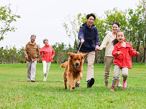 快乐的五口之家和宠物狗在公园散步