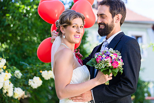 新郎,新娘,婚礼,读,氦气,气球
