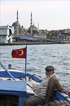 乘客,土耳其人,旗帜,小河,渡轮,金角湾,旁侧,加拉达塔,桥,伊斯坦布尔,土耳其