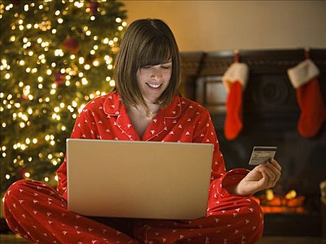 女人,网上购物,圣诞节