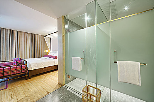 室内,现代,卧室,玻璃,淋浴间