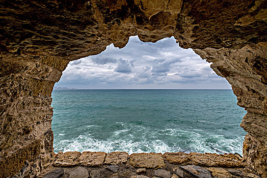 风景,地中海,石头,窗户,要塞,伊拉克利翁,克里特岛,希腊,欧洲