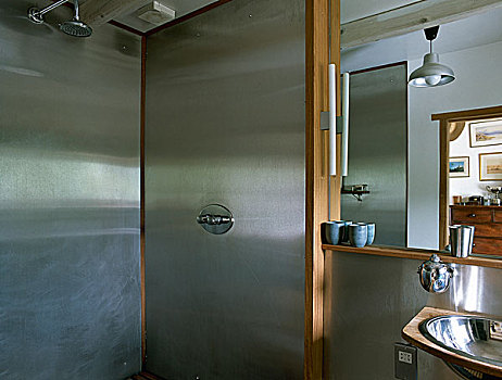 光滑,现代,浴室,不锈钢,淋浴,水槽,大,镜子