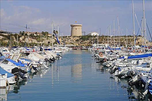 瞭望塔,码头,阿利坎特,白色海岸,西班牙