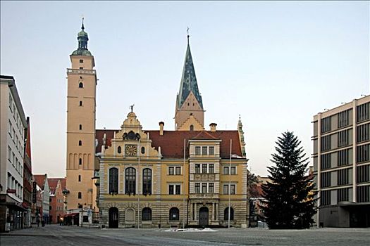 市政厅,塔,教堂,冬天,因格尔斯塔德特,巴伐利亚,德国,欧洲