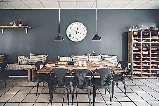 餐桌,复古,客厅,家具,木头,大,钟表,悬挂,墙壁