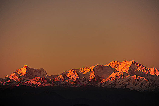 印度,西孟加拉,国家公园,风景,积雪,干城章嘉峰,红色,日落