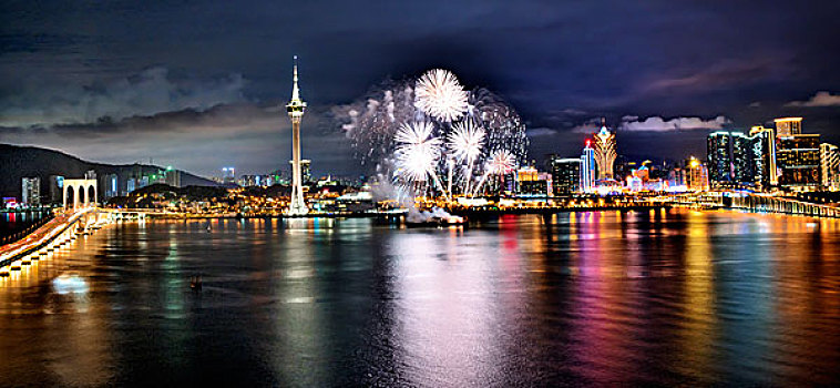 澳门,海面,夜景,灯光,大桥,烟花