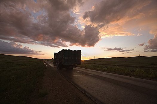 卡车,公路,黄昏,靠近,内蒙古,中国