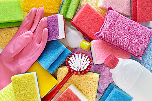 静物清洁产品,包括,海绵,瓶,橡胶手套,磨砂膏,刷