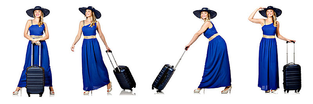 美女,蓝色,衣服,手提箱,隔绝,白色背景