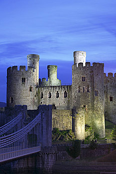 威尔士,康威城堡,夜晚,建造,局部,国王,北威尔士