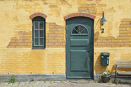 房子,去皮,黄色,涂绘,砌结构,绿色,门