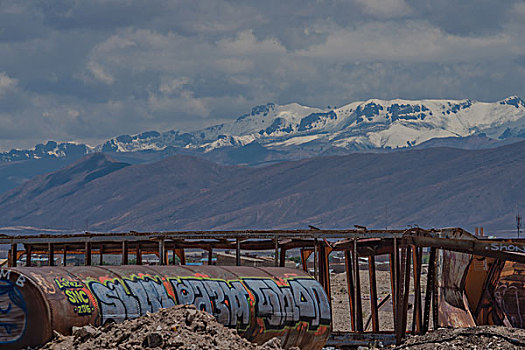 玻利维亚乌尤尼火车坟场雪山背景