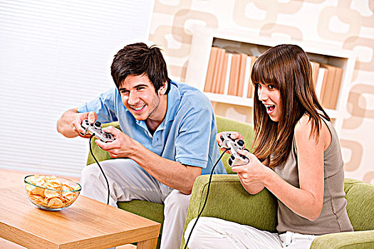 学生,高兴,青少年,玩,电子游戏,客厅