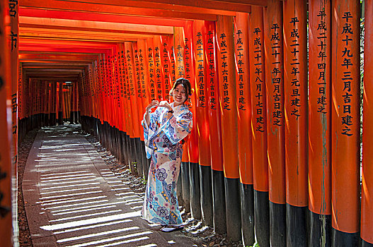 女人,衣服,传统,日本人,服饰,走,大门,神祠,京都,日本