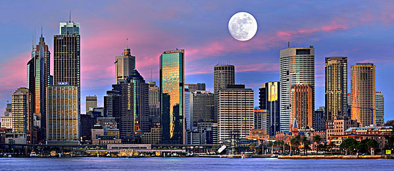 风景,悉尼,小湾,满,月亮,环形码头,港口,天际线,中央商务区,新南威尔士,澳大利亚
