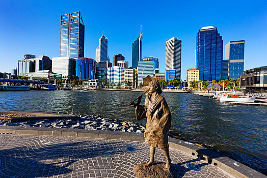 雕塑,女人,城市天际线,码头,佩思,西澳大利亚州,澳大利亚,大洋洲