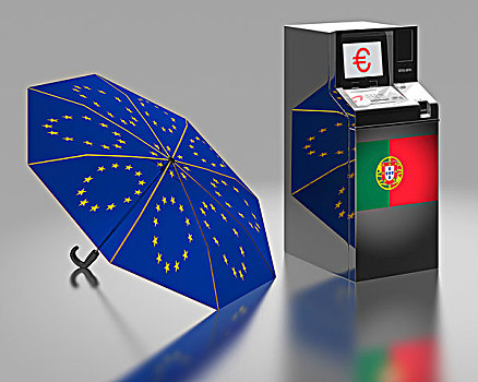 自动柜员机,葡萄牙,旗帜,旁侧,伞,星,欧盟,象征,图像,欧元,救助,包装,插画