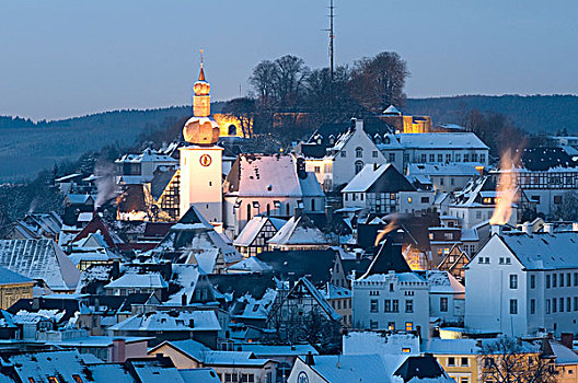 历史,城镇,城堡,山,冬天,夜晚,阿恩斯贝格,藻厄兰,北莱茵威斯特伐利亚,德国,欧洲