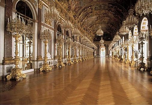 镜厅,海伦基姆湖堡,城堡,巴伐利亚,德国,欧洲,国王,宫殿,奢华,木地板,吊灯,壮观,内景