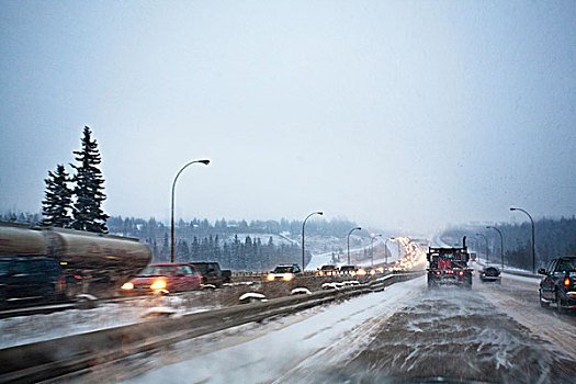 艾伯塔省,加拿大,交通工具,旅行,途中,雪,吹,冬天