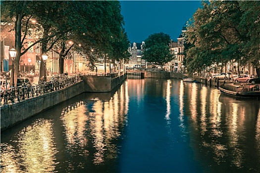 夜晚,阿姆斯特丹,运河,桥