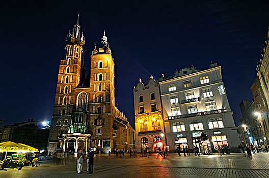 哥特式,大教堂,教堂,独栋别墅,夜晚,市场,克拉科夫,克拉科,波兰,欧洲