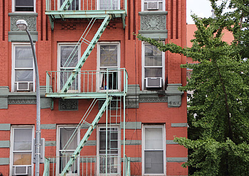 绿色,金属,防火梯,老,红色,建筑