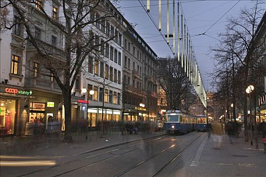 班霍夫大街,现代,圣诞彩灯,苏黎世,有轨电车,瑞士