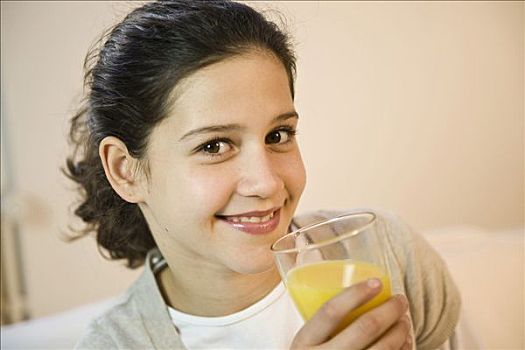 女孩,喝,玻璃杯,橙汁