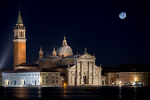 圣乔治奥,马焦雷湖,教堂,月亮,夜晚,威尼斯,威尼托,意大利