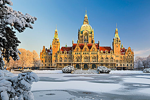 市政厅,汉诺威,德国,冬天,雪,冰冻,湖