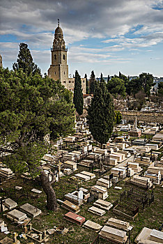 俯拍,墓地,教堂,背景,老城,耶路撒冷,以色列