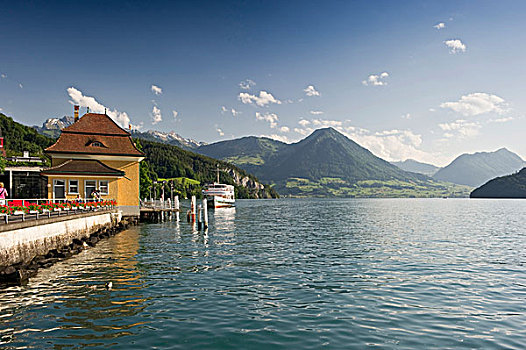 码头,菲茨瑙,琉森湖,瑞士,欧洲